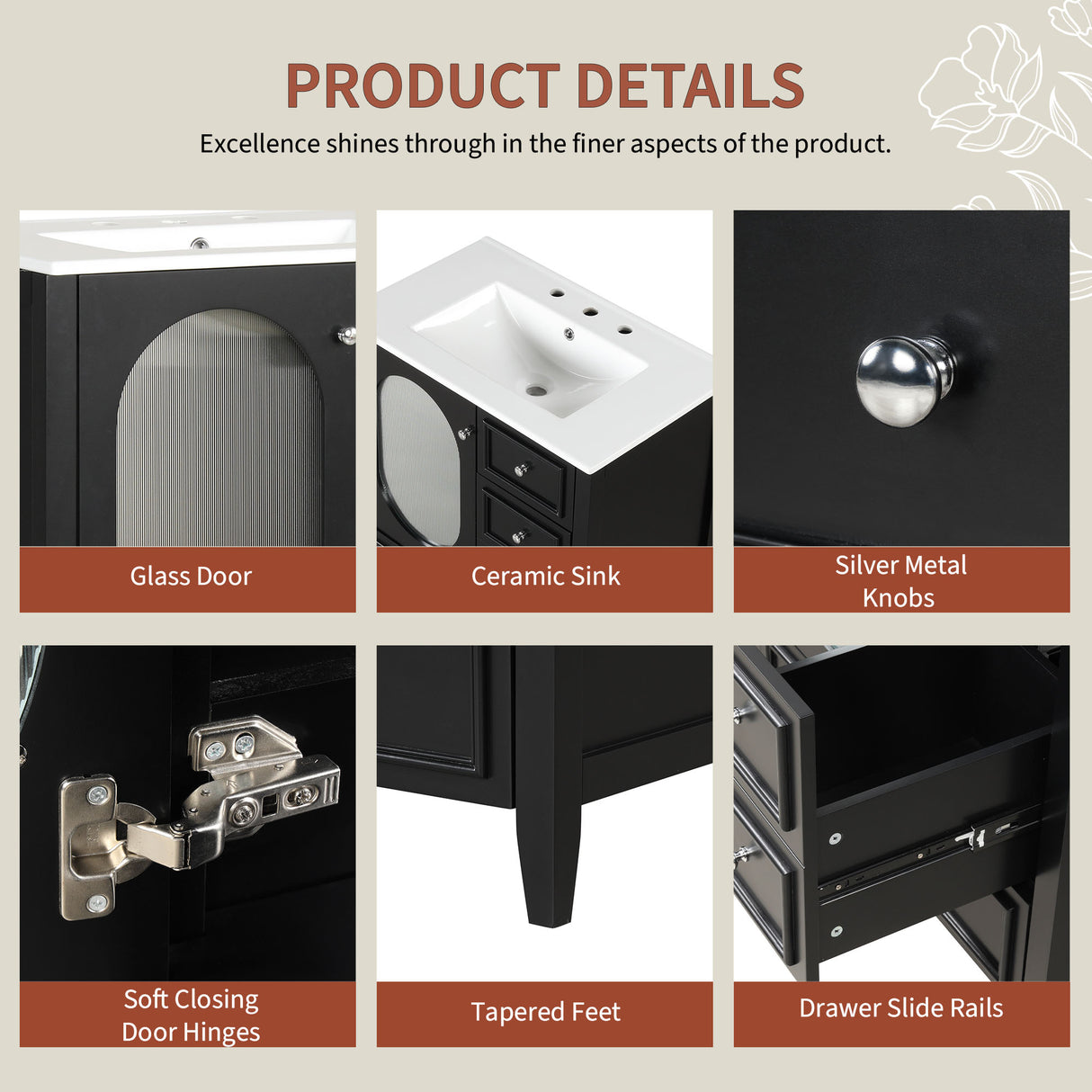 30" Bathroom Vanity with Sink, Bathroom Vanity Cabinet with Three Drawers and Door, Solid Wood and MDF, Black - V.I.P Digital Presence