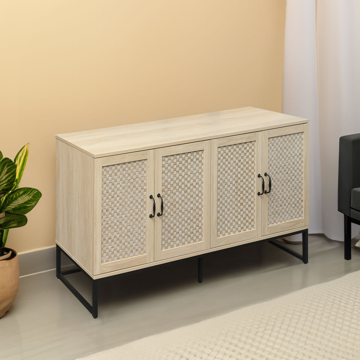 Rattan 4-Door Sideboard , Sideboard Buffet Storage Cabinet,Accent Storage Cabinet , Large Cabinet With 4 Rattan Decorated Doors - V.I.P Digital Presence