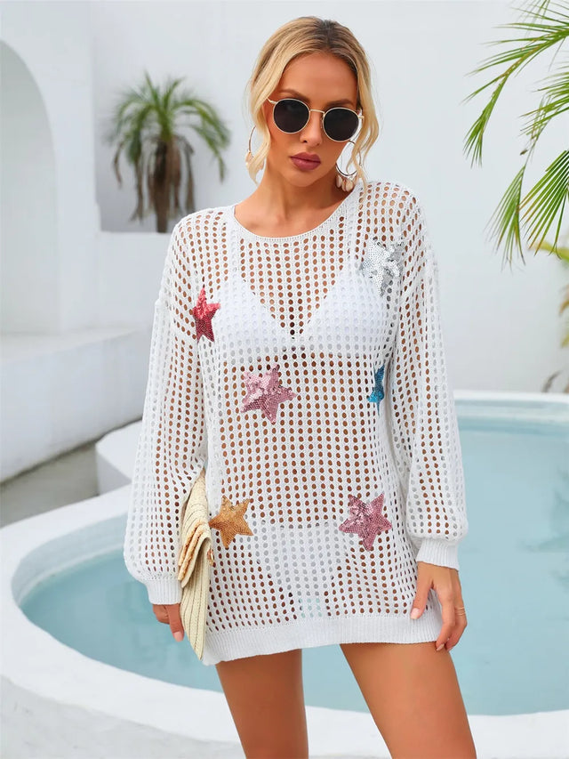 Sequin Star Round Neck Long Sleeve Cover Up - V.I.P Digital Presence