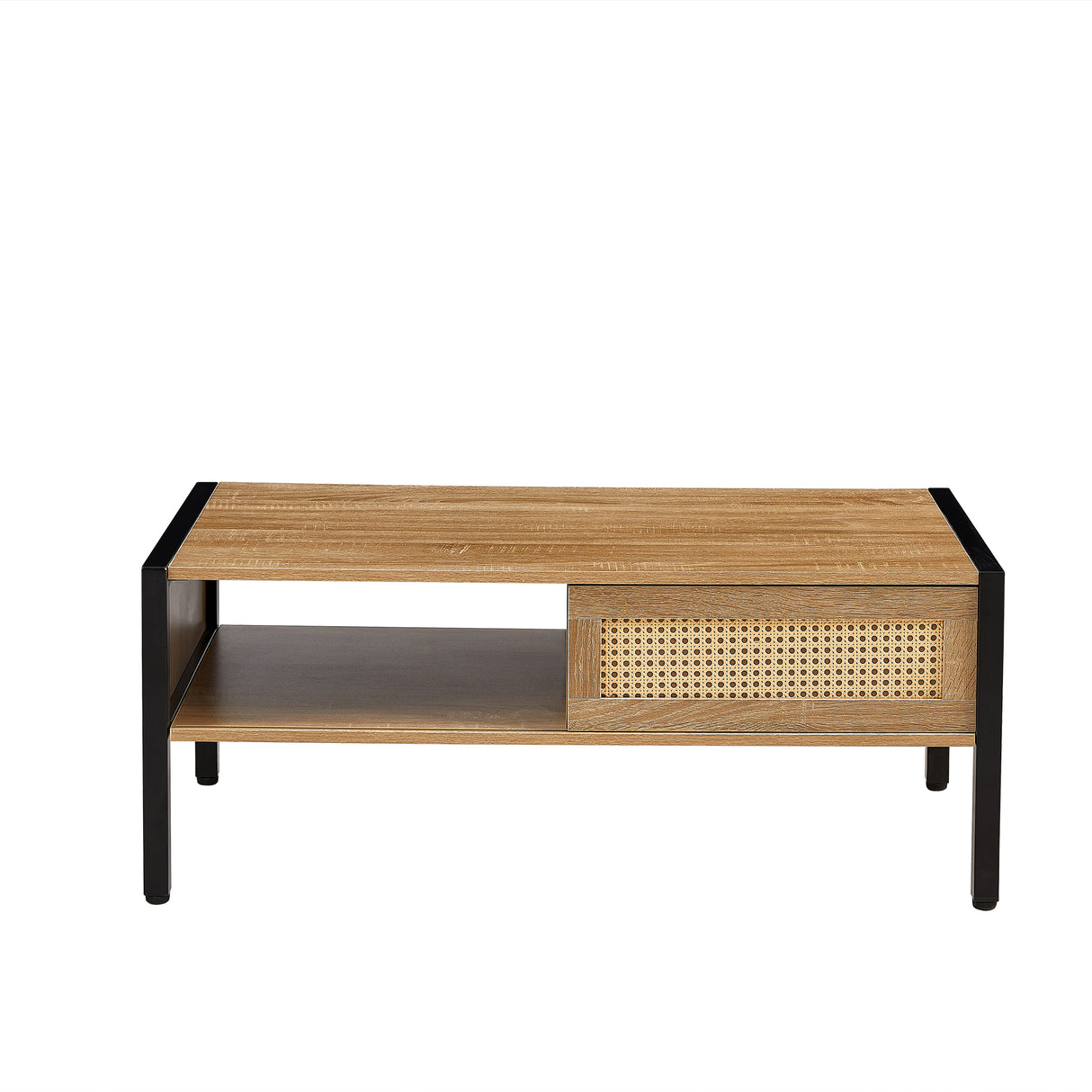 40.16" Rattan Coffee table, sliding door for storage, metal legs, Modern table for living room , natural - V.I.P Digital Presence