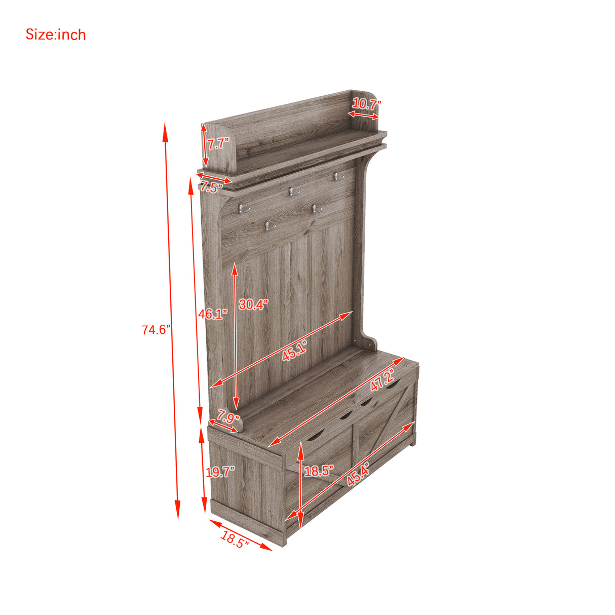 Hall tree with storage desk, entrance desk with drawers and 5 hooks, display rack,Oak - V.I.P Digital Presence