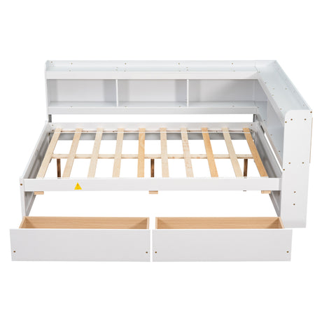 Full Bed with L-shaped Bookcases, Drawers ,White - V.I.P Digital Presence