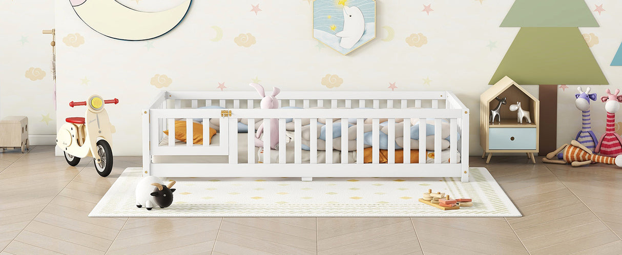 Twin Size Bed Floor Bed with Safety Guardrails and Door for Kids, White - V.I.P Digital Presence