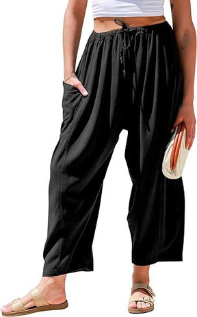 European and American women's elastic waisted pleated high waisted wide leg loose Haren cotton linen pants - V.I.P Digital Presence