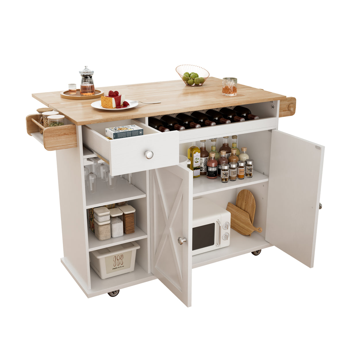 44 Inch Kitchen Island Cart with Solid Wood Top, Wine Storage, Spice Rack, Towel Rack, Wine Glass Holder White & Oak - V.I.P Digital Presence