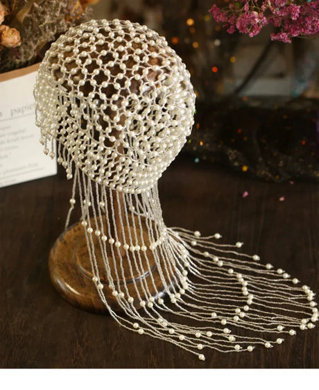 Handmade hollowed out headpiece performance pearl tassel hat - V.I.P Digital Presence