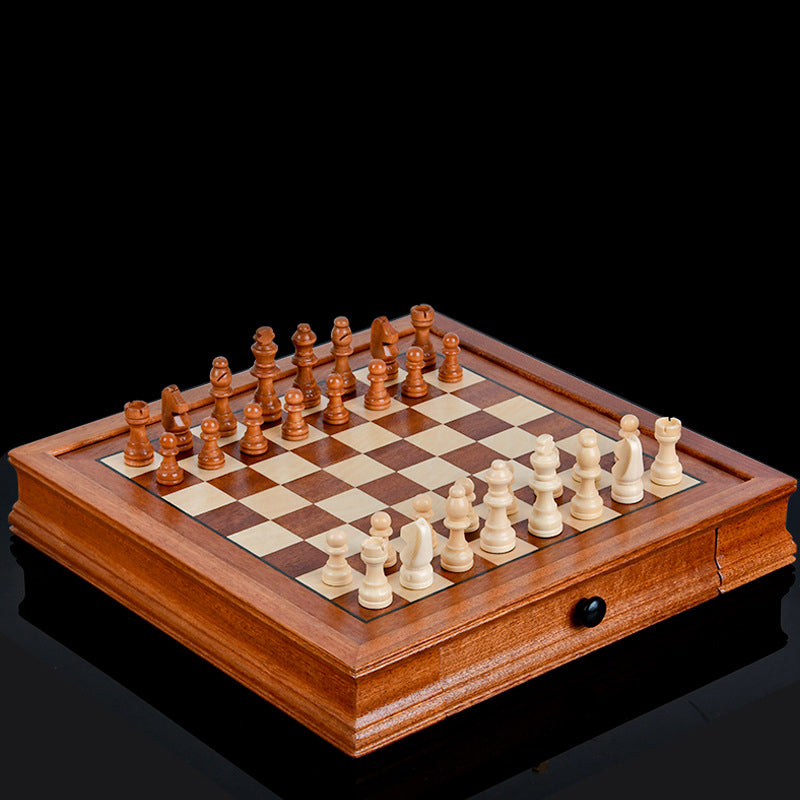 Drawer style solid wood veneer splicing chessboard magnetic chess box set