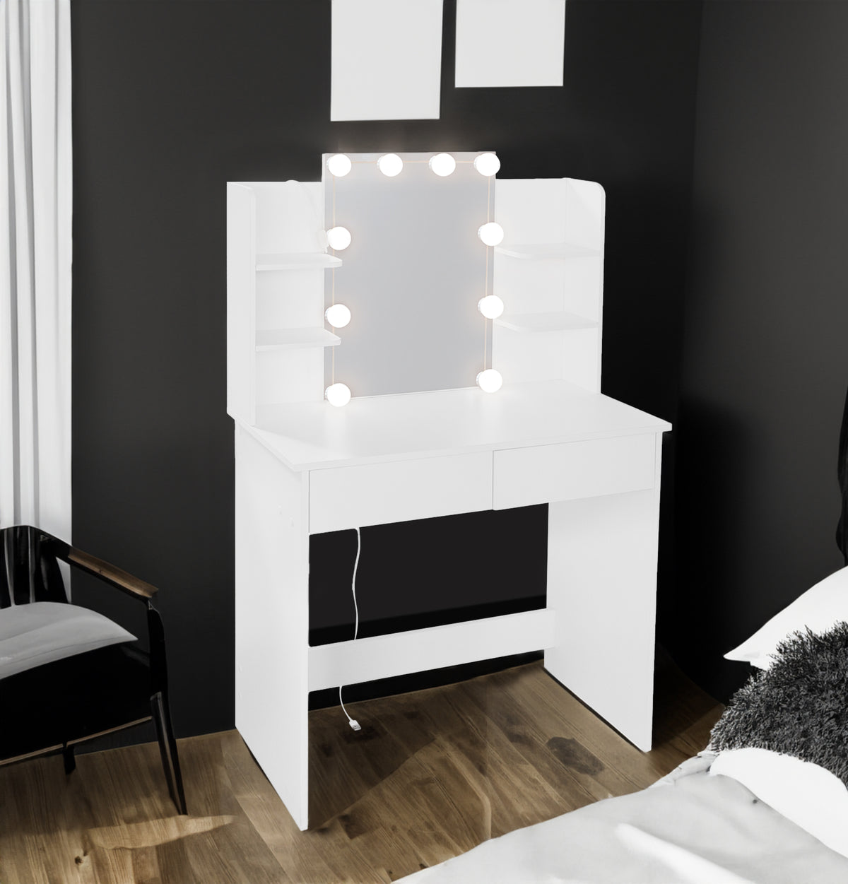 Makeup Vanity Desk With LED Lighted Mirror ,Dressing Table Set With 2 Large Drawers 10 LED Light ,White Color - V.I.P Digital Presence