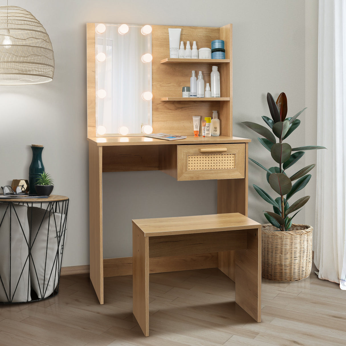 Vanity Desk Set Stool & Dressing Table with LED Lighting Mirror Drawer and Wood Cosmetic Table Chest of Drawers Nature Color - V.I.P Digital Presence