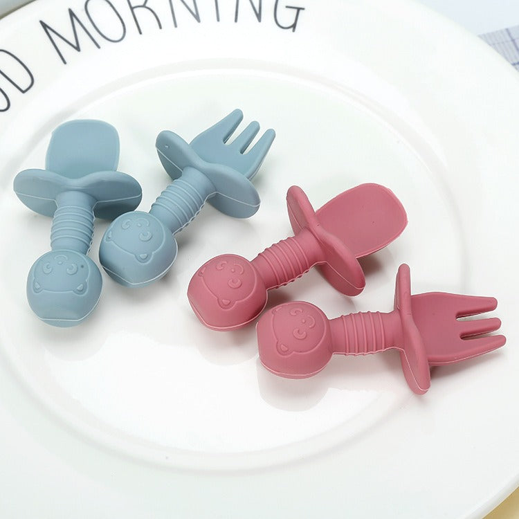 Licking Spoon for Baby Learning to Eat Training Spoon Short Handle Baby Supplementary Food Silicone Soft Spoon Fork Spoon Tableware 2-piece Set - V.I.P Digital Presence