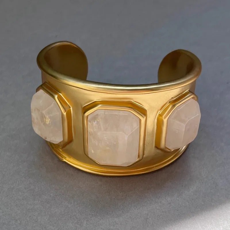 Brass Natural Stone Crystal Open Bracelet Gold Color Metal Bangle for Woman Jewelry Luxury Europe Trend Gifts Accessories - V.I.P Digital Presence