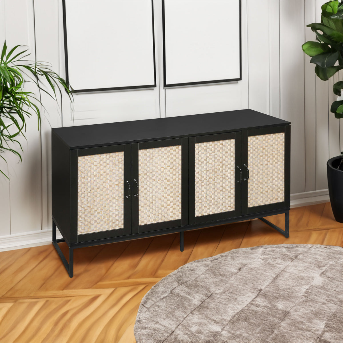 Rattan 4-Door Sideboard , Sideboard Buffet Storage Cabinet,Accent Storage Cabinet , Large Cabinet With 4 Rattan Decorated Doors - V.I.P Digital Presence