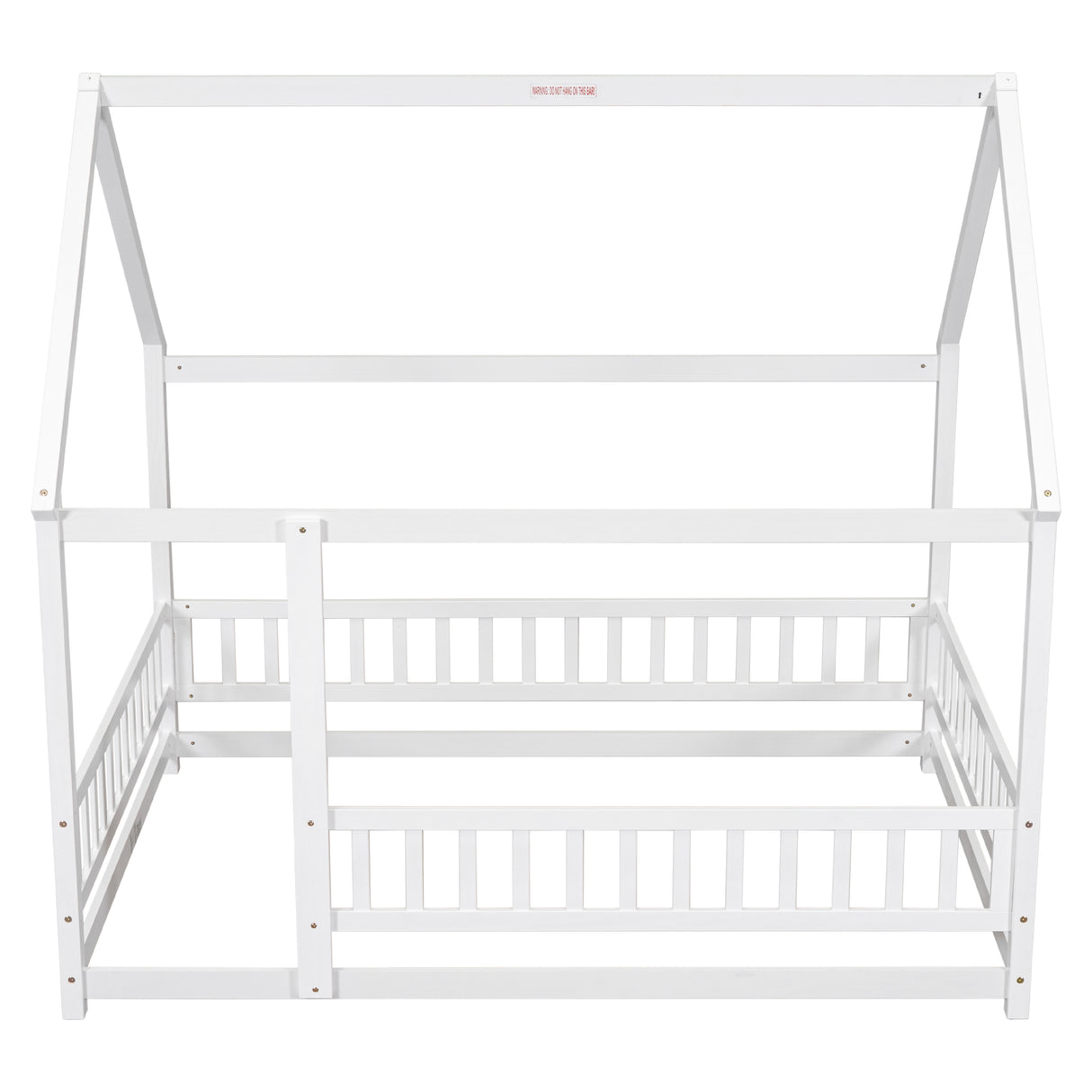 Full Size Floor Wooden Bed with House Roof Frame, Fence Guardrails ,White - V.I.P Digital Presence