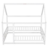 Full Size Floor Wooden Bed with House Roof Frame, Fence Guardrails ,White - V.I.P Digital Presence