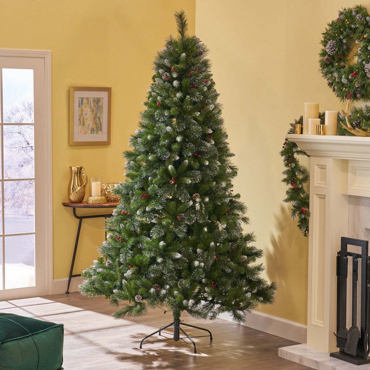 9' Glitter Bristle Mixed Hinged Tree with 72 Red Berry and 73 Pine Cones and 2099 tips,Dia:66 - V.I.P Digital Presence