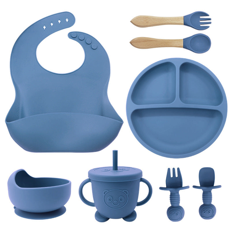 8PCS Mother and baby silicone bibs, silicone dinner plates, eight-piece set, baby food training suction cup bowl, baby divided tableware set - V.I.P Digital Presence