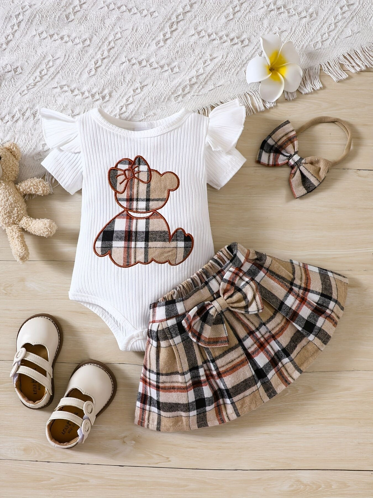 Newborn baby girl summer style teddy bear sticker embroidery bag fart triangle Ha clothes plaid butterfly - V.I.P Digital Presence