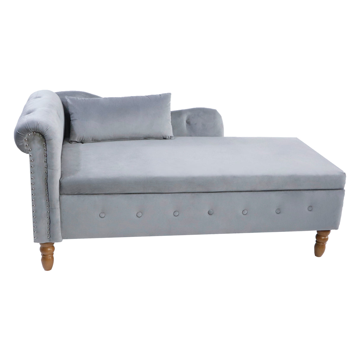 Grey Chaise Lounge Indoor Velvet Lounge Chair for Bedroom with Storage & Pillow Modern Upholstered Rolled Arm Chase Lounge - V.I.P Digital Presence