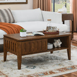 Medieval modern flute coffee table with storage sliding door and solid wood legs, vintage farmhouse wood central table - V.I.P Digital Presence
