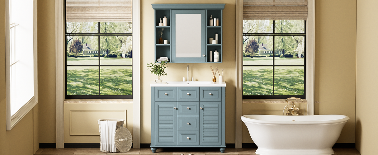 36 inch modern mirror cabinet with adjustable shelves, 2 soft closing doors, and 6 drawer storage cabinet door organizers - V.I.P Digital Presence