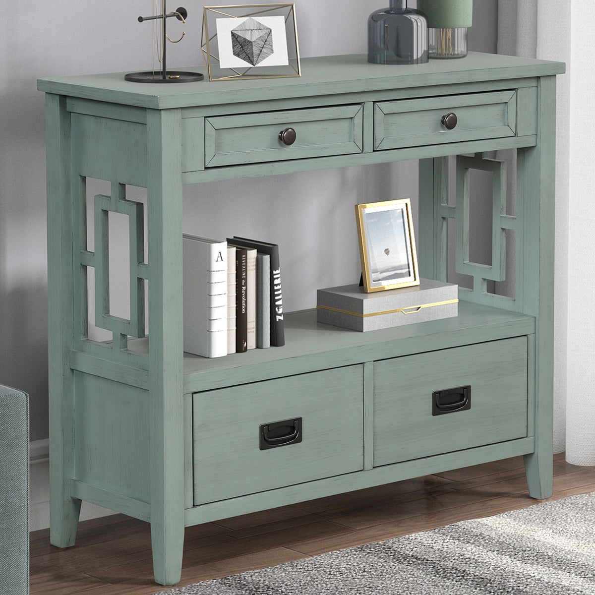 36'' Farmhouse Pine Wood Console Table Entry Sofa Table with 4 Drawers & 1 Storage Shelf (Retro Blue) - V.I.P Digital Presence