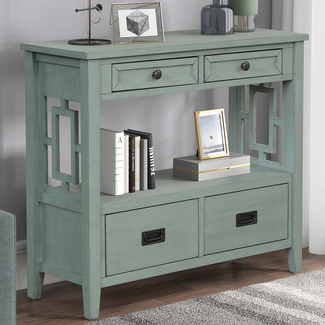 36'' Farmhouse Pine Wood Console Table Entry Sofa Table with 4 Drawers & 1 Storage Shelf (Retro Blue) - V.I.P Digital Presence