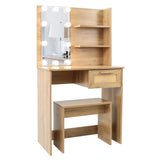 Vanity Desk Set Stool & Dressing Table with LED Lighting Mirror Drawer and Wood Cosmetic Table Chest of Drawers Nature Color - V.I.P Digital Presence