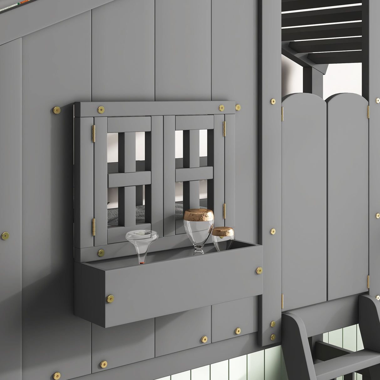 Twin over Twin House Bunk Bed with Roof , Window, Window Box, Door , with Safety Guardrails and Ladder, Grey - V.I.P Digital Presence