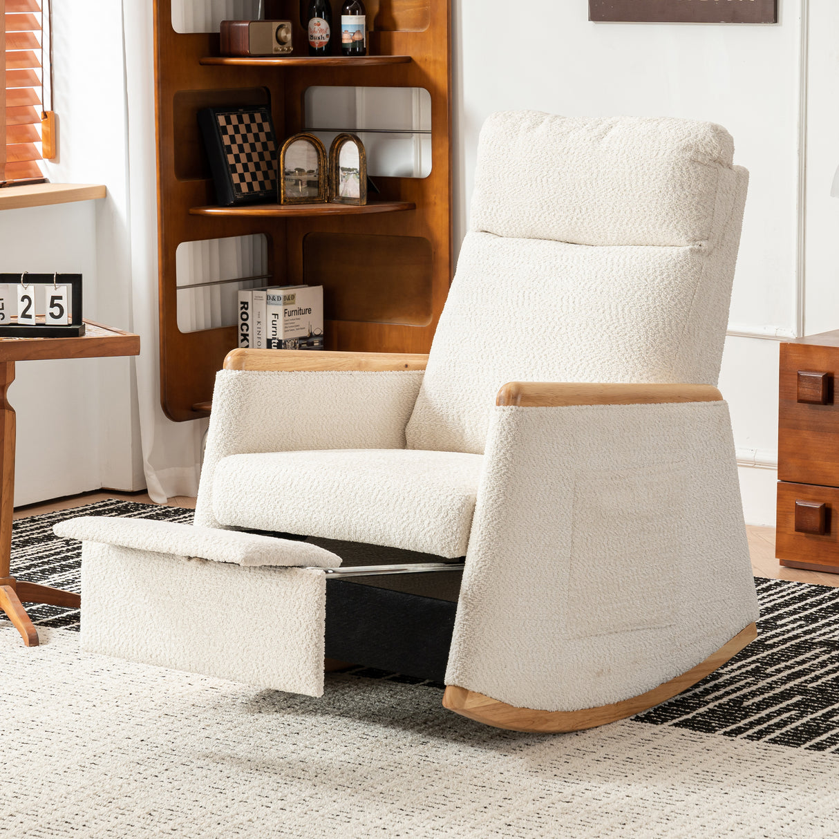 Accent Rocking Chair with Footrest High Back Rubber Wood Rocking Legs Bedroom Living Space 38.6D X 26.8W X 40.6H Inch - V.I.P Digital Presence