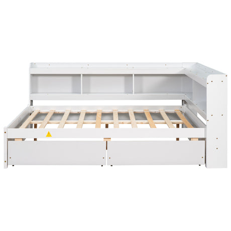 Full Bed with L-shaped Bookcases, Drawers ,White - V.I.P Digital Presence