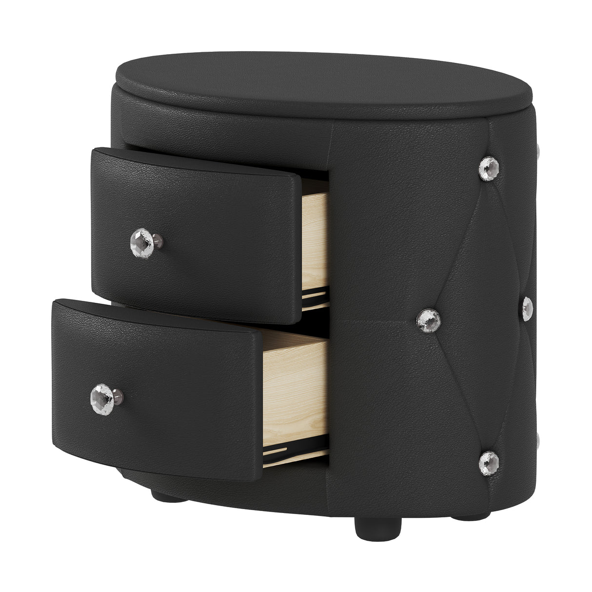 Elegant PU Nightstand with 2 Drawers and Crystal Handle,Fully Assembled Except Legs&Handles,Storage Bedside Table - Black - V.I.P Digital Presence