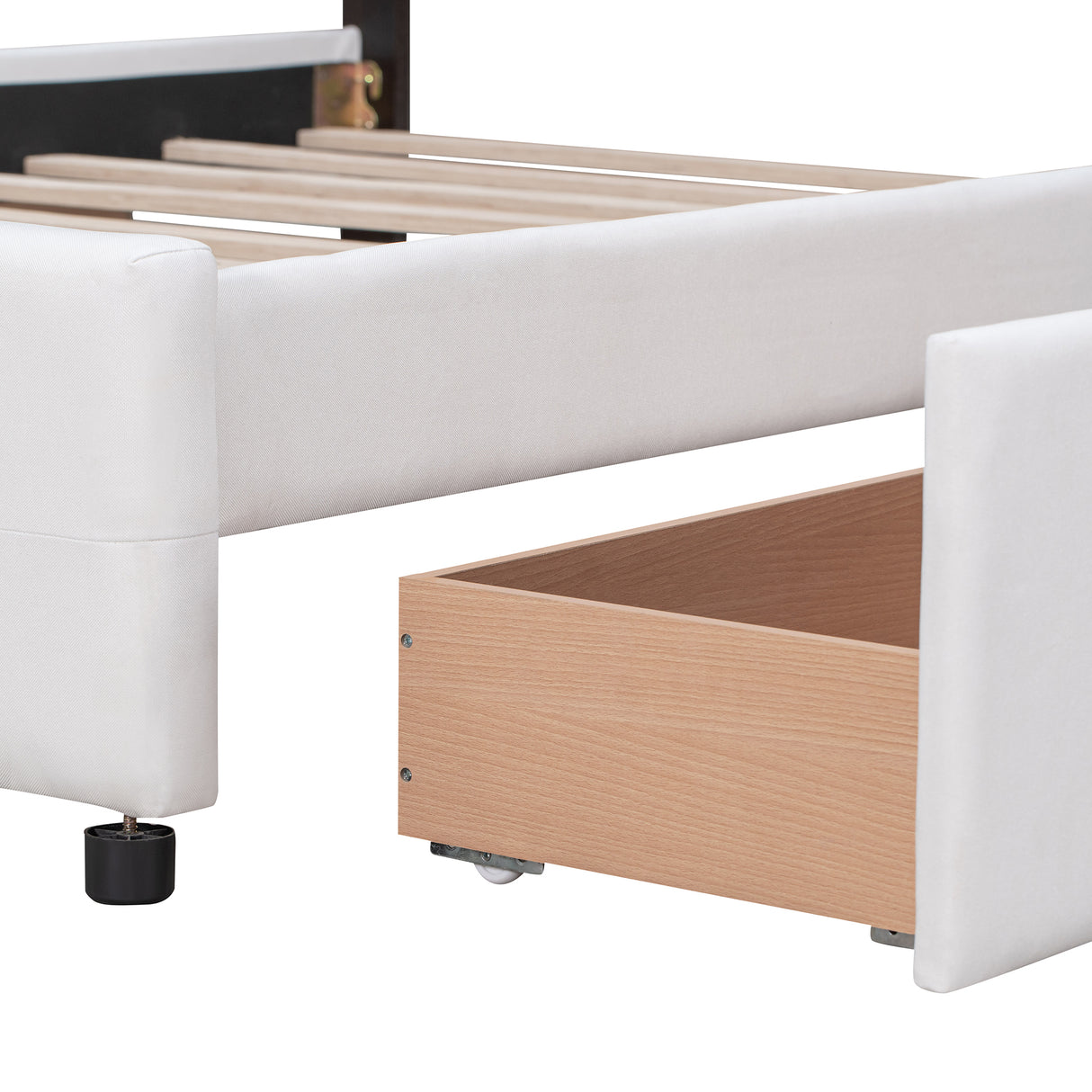 Upholstered Platform Bed with Classic Headboard and 4 Drawers No Box Spring Needed Linen Fabric Queen Size White - V.I.P Digital Presence