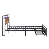 Full size bedstead with storage headboard and 2 drawers, LED light bed with charging station, metal Flat noodles support - V.I.P Digital Presence