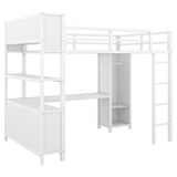 Metal loft bed with wardrobe and L-shaped desk, full-size loft bed with storage cabinet and shelf, white - V.I.P Digital Presence