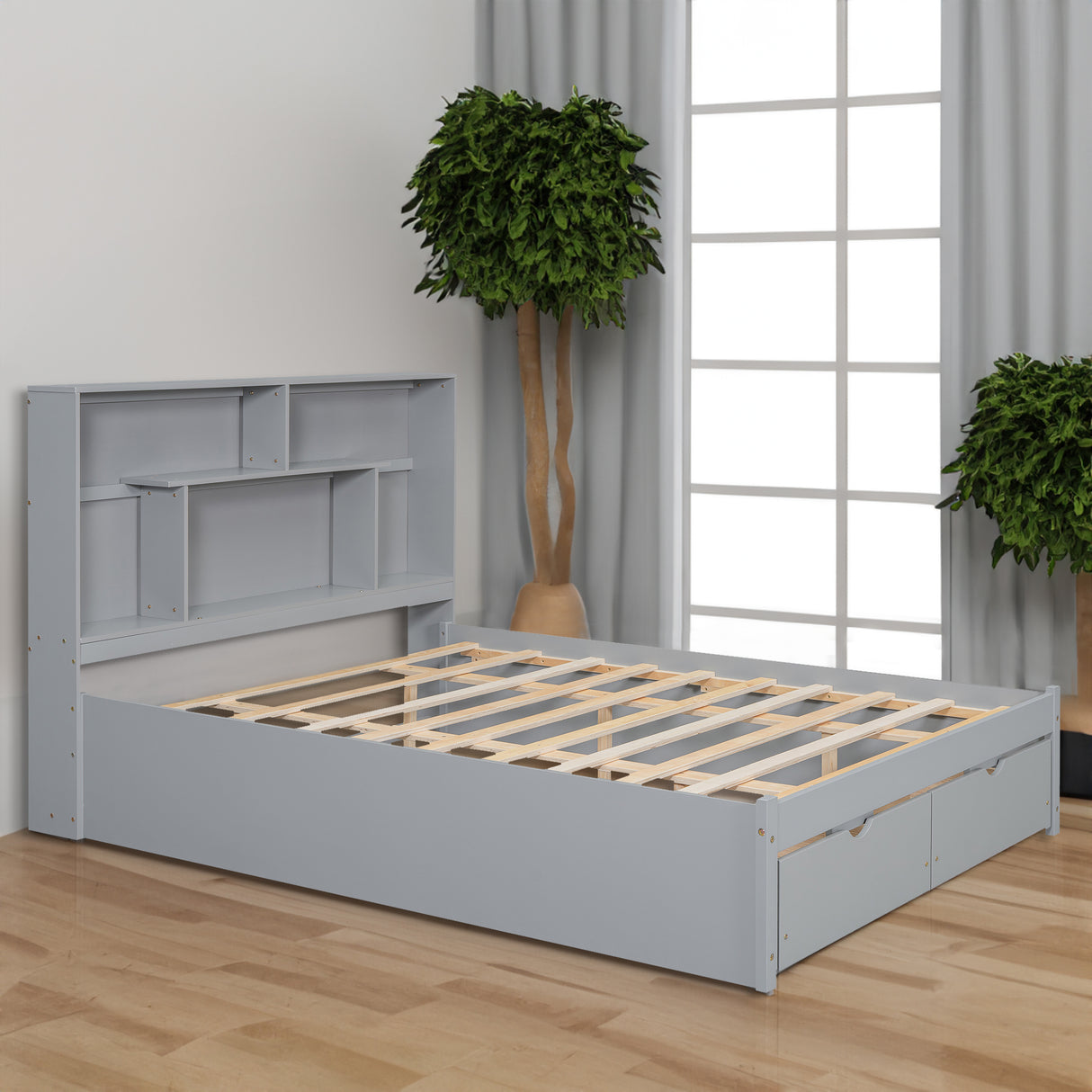 Queen Size Platform Bed with Storage Headboard and 2 Drawers, Gray - V.I.P Digital Presence