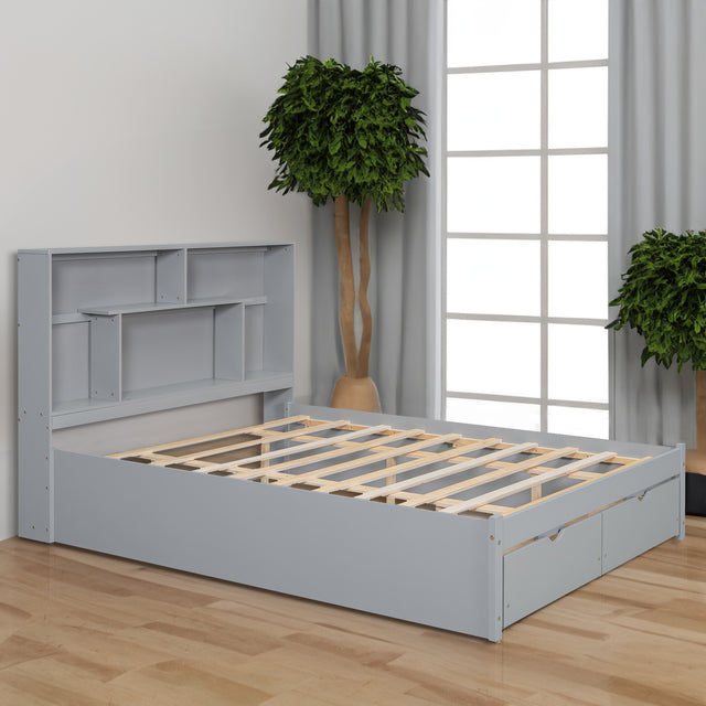 Queen Size Platform Bed with Storage Headboard and 2 Drawers, Gray - V.I.P Digital Presence