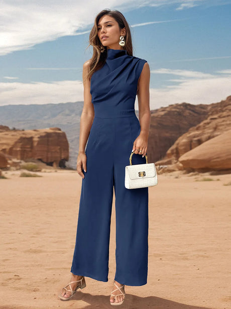 Ruched Mock Neck Sleeveless Jumpsuit - V.I.P Digital Presence