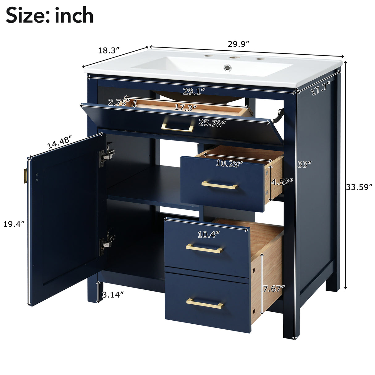 30-Inch Blue Bathroom Vanity with Ceramic Sink and Ample Storage - Ideal Choice for Small Bathrooms - V.I.P Digital Presence
