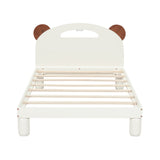 Twin Size Platform Bed with Bear Ears Shaped Headboard and LED Cream White