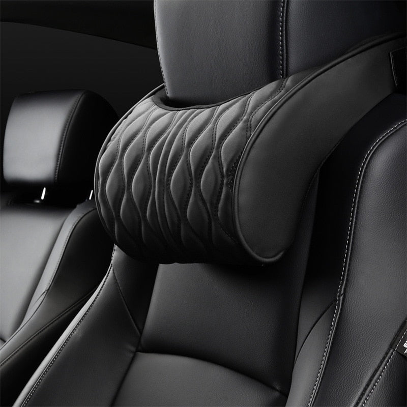 Memory Foam Car Headrest Pillow Leather Embroidered Seat Supports Sets Back Cushion Adjustment Auto Neck Rest Lumbar Pillows - V.I.P Digital Presence
