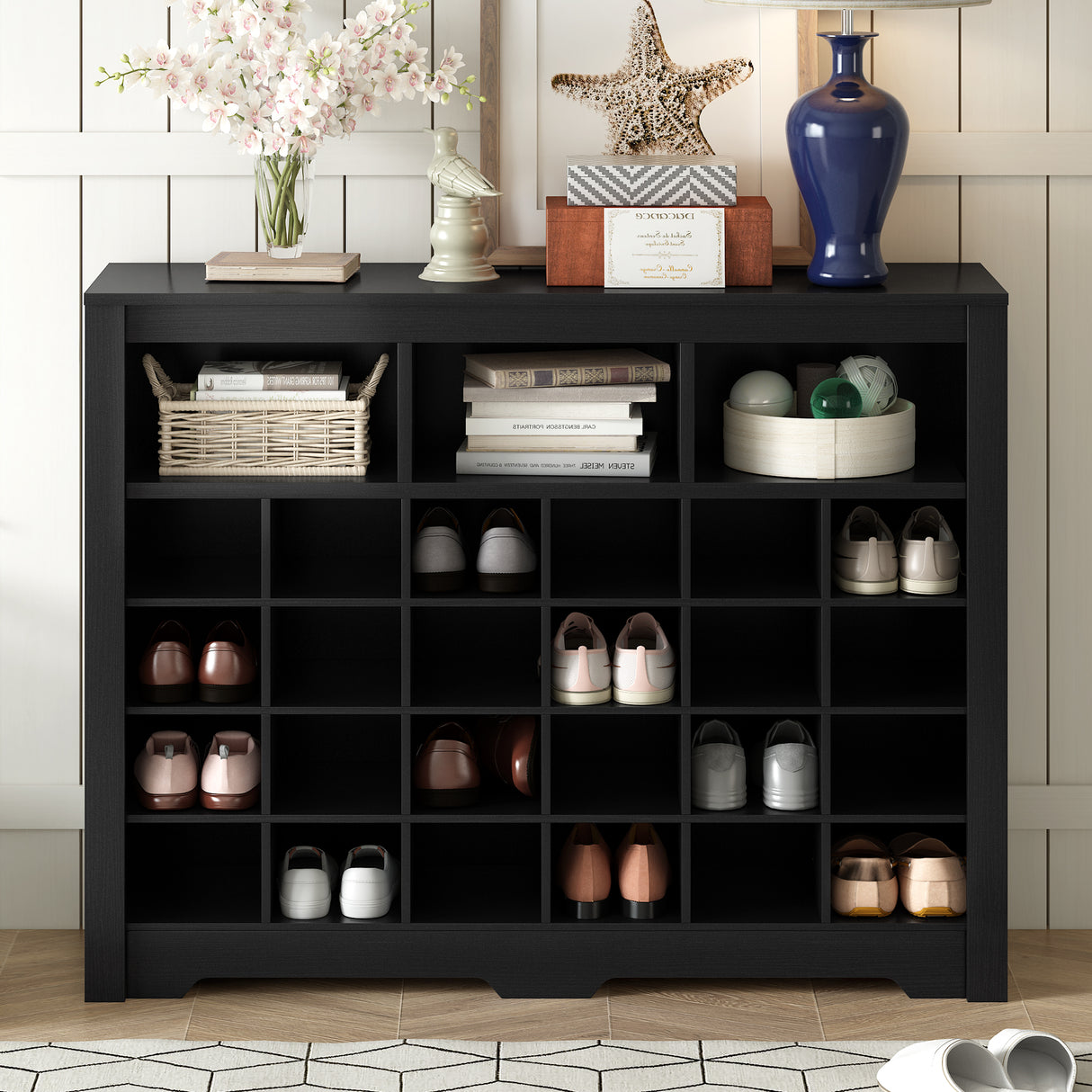 ONTREND Sleek Design 24 shoe cabinet, modern shoe cabinet with curved base, high-quality multifunctional side panel, black - V.I.P Digital Presence
