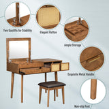 43.3 "Wooden vanity set with flip mirror and stool, three drawers and storage space for dressing table, brown