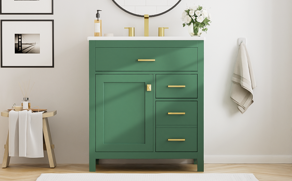 30-Inch Green Bathroom Vanity with Ceramic Sink and Ample Storage - Ideal Choice for Small Bathrooms - V.I.P Digital Presence