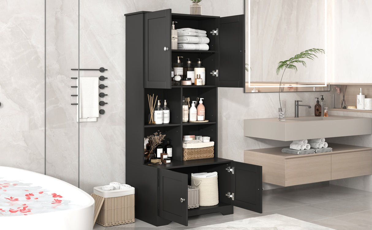 Bathroom storage cabinet, 4-door independent cabinet, adjustable shelf, open multi-layer shelf, black - V.I.P Digital Presence
