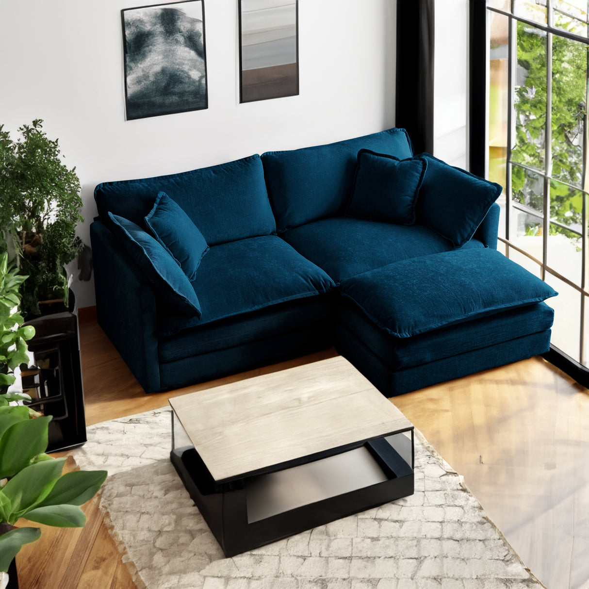 Chenille double sofa with 1 foot pedal, 2 seats L-shaped section, Ottoman style blue Chenille - V.I.P Digital Presence