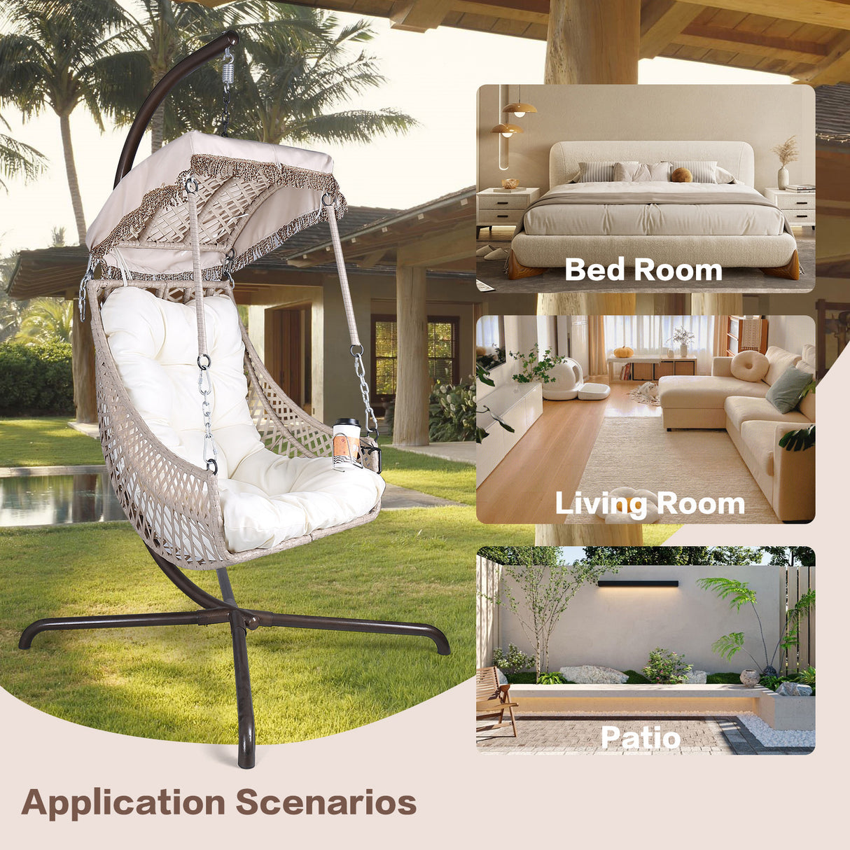 Swing Egg Chair with Stand Indoor Outdoor Wicker Rattan Frame 350lbs Capacity Hammock Chair for Patio Bedroom with Sunshade Clot - V.I.P Digital Presence