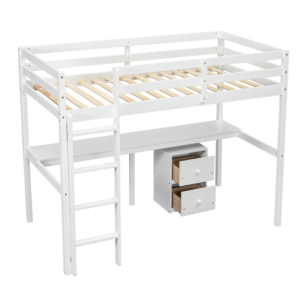 Twin Loft Wood Bed with Under-bed, Built-in Desk, a Storage Cabinet of 2 Drawers, Guardrails, Ladder,White - V.I.P Digital Presence
