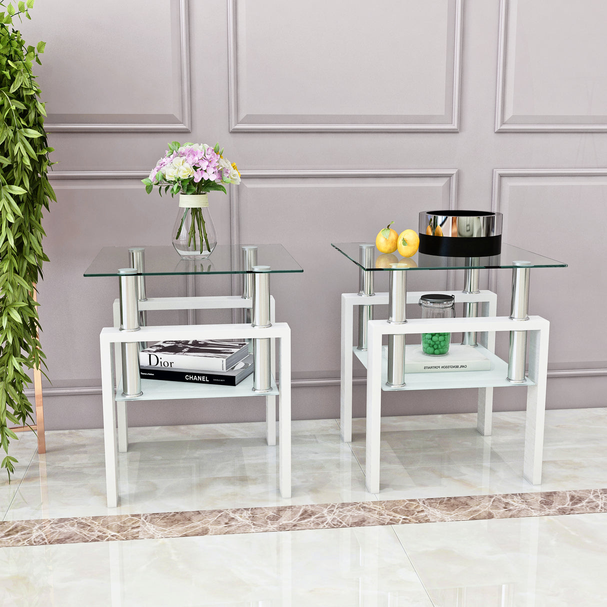 Set of 2, Modern Tempered Glass Tea Table Coffee Table End Table, Square Table for Living Room, Transparent/White - V.I.P Digital Presence