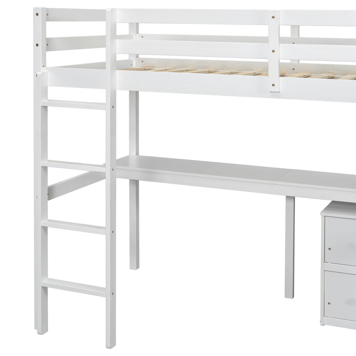Twin Loft Wood Bed with Under-bed, Built-in Desk, a Storage Cabinet of 2 Drawers, Guardrails, Ladder,White - V.I.P Digital Presence