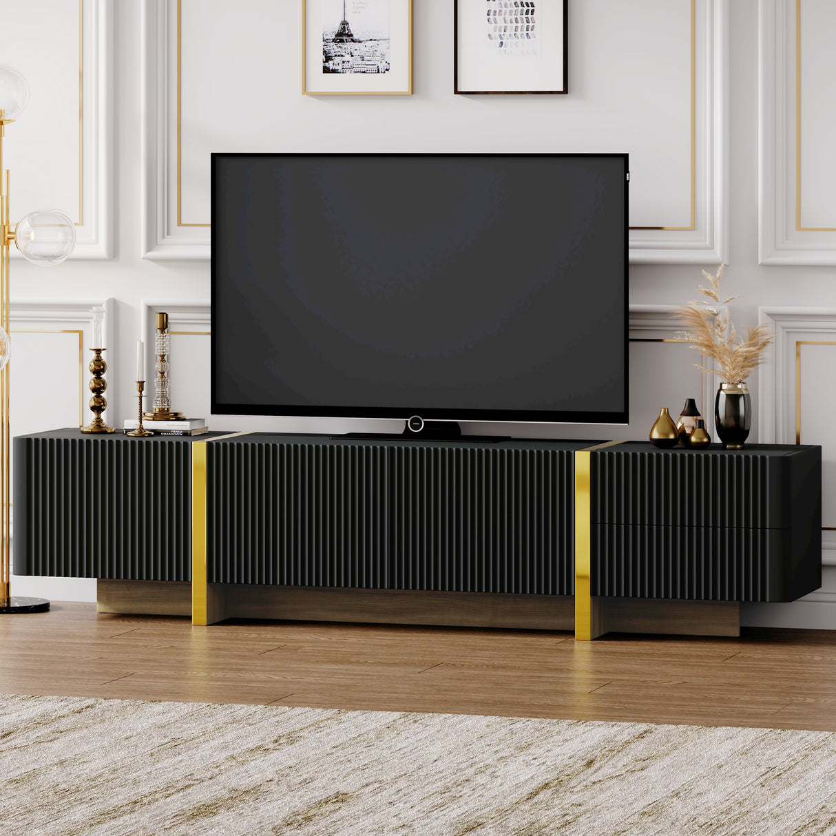 Luxury Fluted TV Stand for TVs Up to 80'', Modern Entertainment Center with Storage Cabinets & Drawers Black - V.I.P Digital Presence